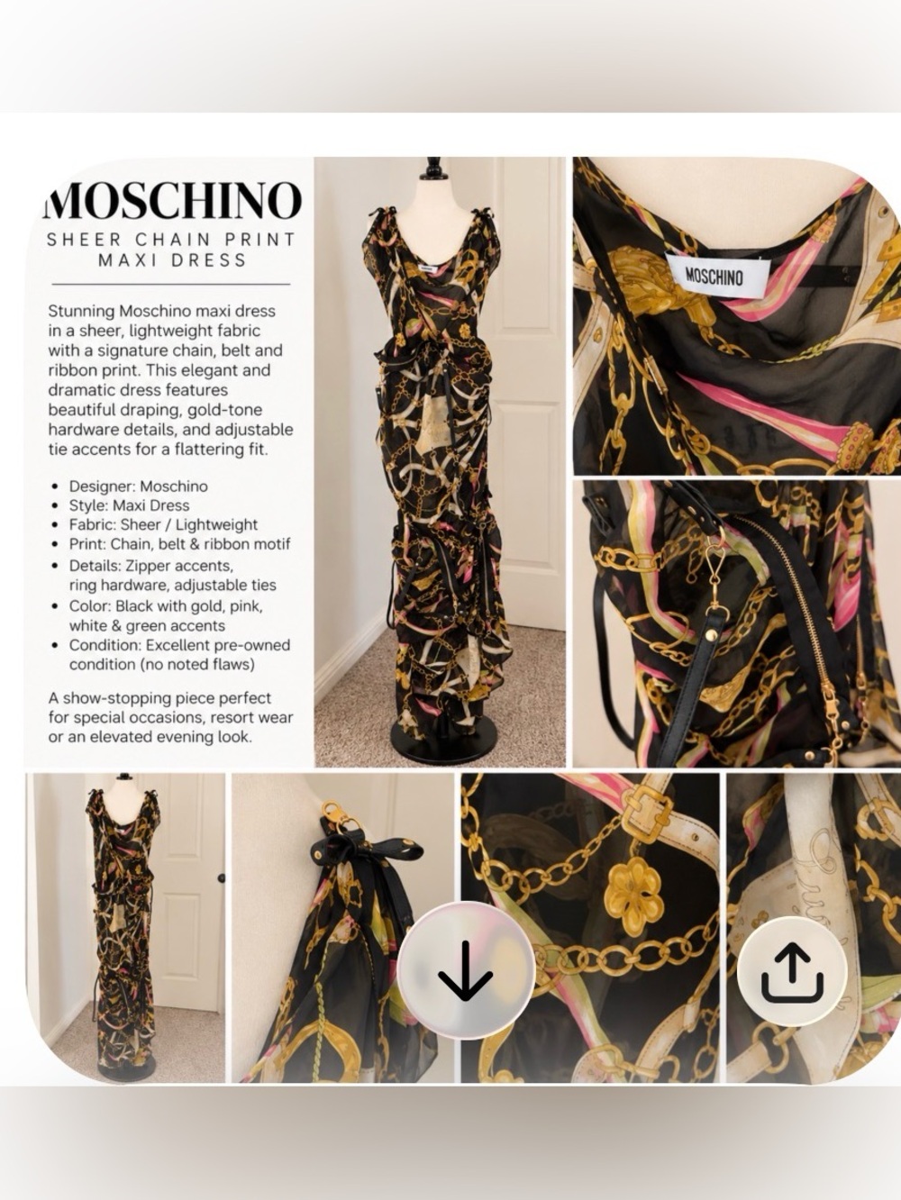 Moschino Black Sheer Maxi Dress with Gold and Pink Chain Print
Very Rate runway